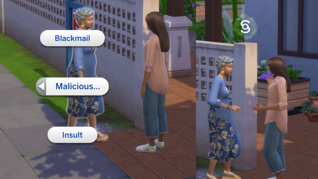 A screenshot from The Sims 4 showing the mean option to blackmail a sim for their secrets