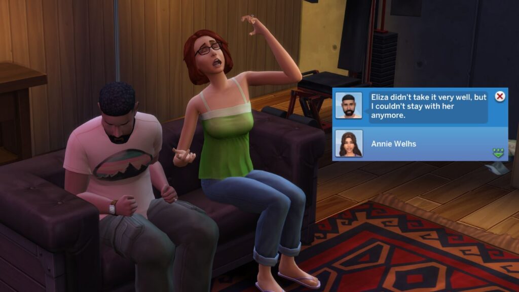 A screenshot from The Sims 4 showing a sim breaking up with another sim 