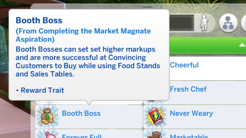 A screenshot from The Sims 4 showing the booth boss reward trait you get from the market magnate aspiration