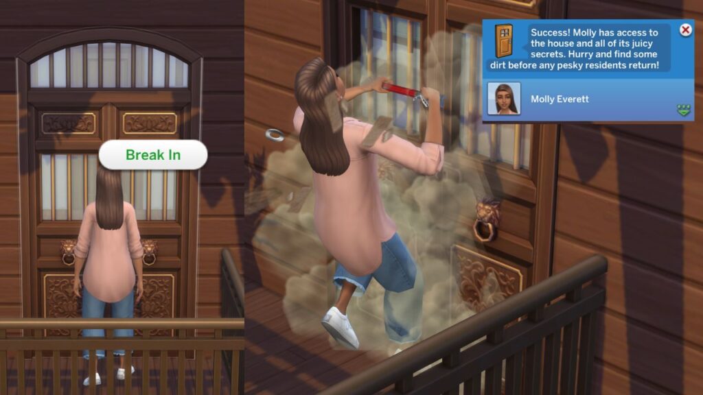 A screenshot from The Sims 4 showing the option to break into a door and then a sim fully breaking into someone's house. 