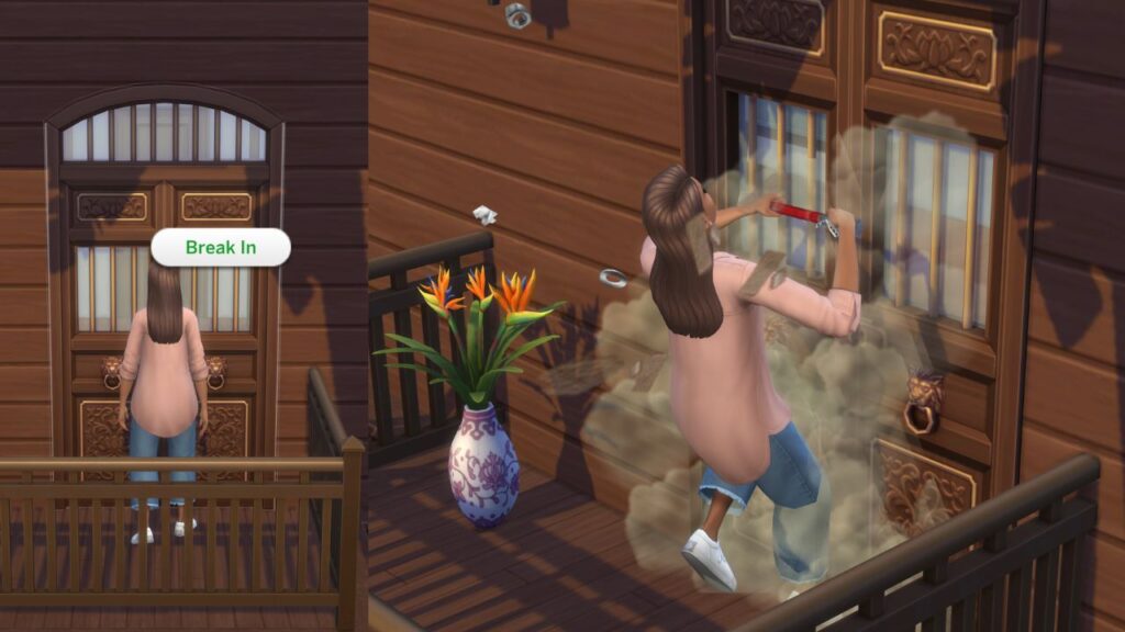 A Screenshot from The Sims 4 showing a sim trying to break into a home with a wrench
