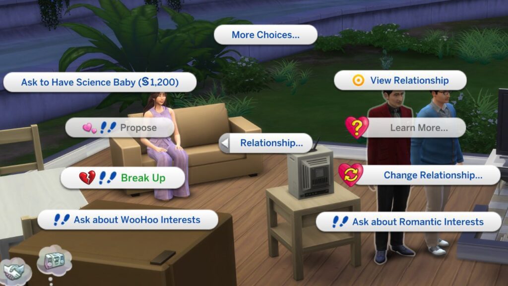 A screenshot from The Sims 4 showing how to break up with sims