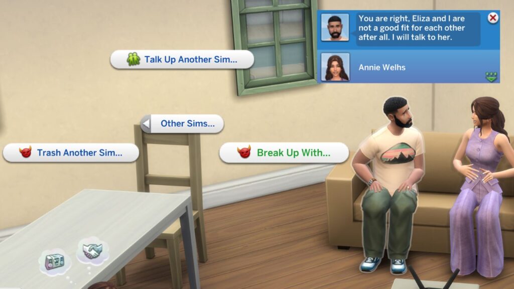 A screenshot from The Sims 4 showing how to break up a couple in The Sims 4 as a villainous valentine
