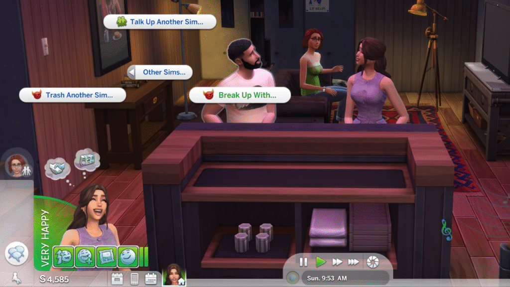 A screenshot from The Sims 4 showing how to break up couples 