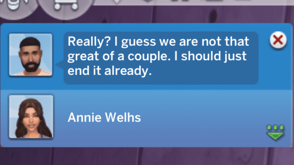A screenshot from The Sims 4 showing the notification you get when you tell a sim to break up with their partner 