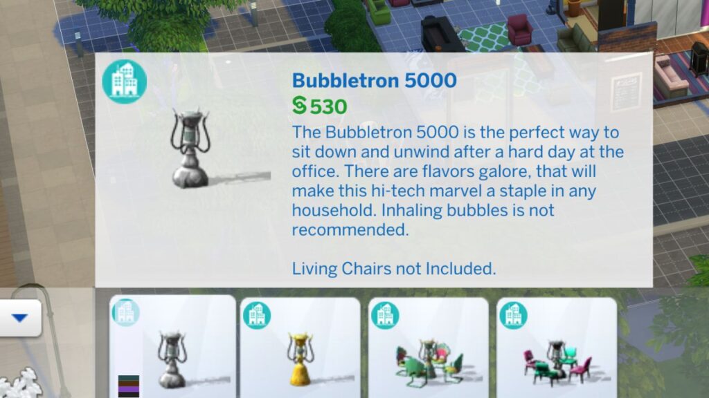 A screenshot from The Sims 4 showing the Bubbletron 5000