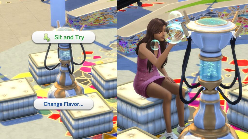A screenshot from The Sims 4 showing a sim using a bubble blower for the first time