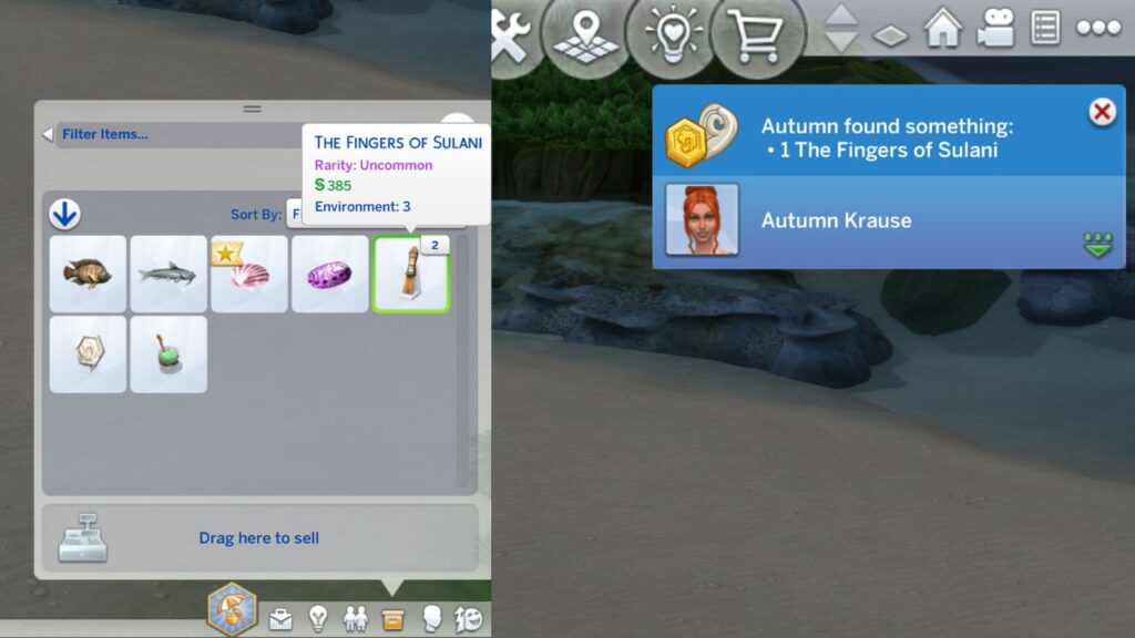 A screenshot from The Sims 4 showing the notification you get when you find buried treasure by beachcombing