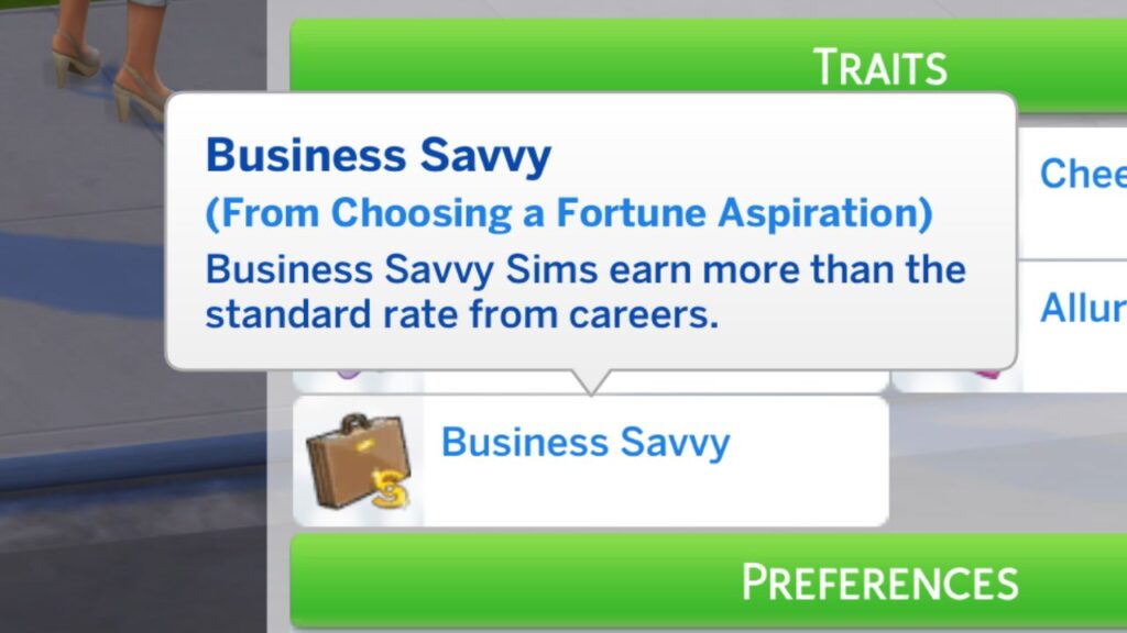 A screenshot from The Sims 4 showing the business savvy bonus trait and its description