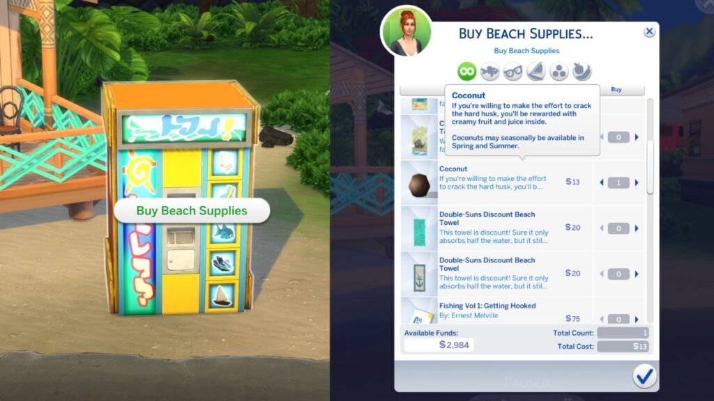 A screenshot from The Sims 4 showing where you can purchase a coconut in Sulani
