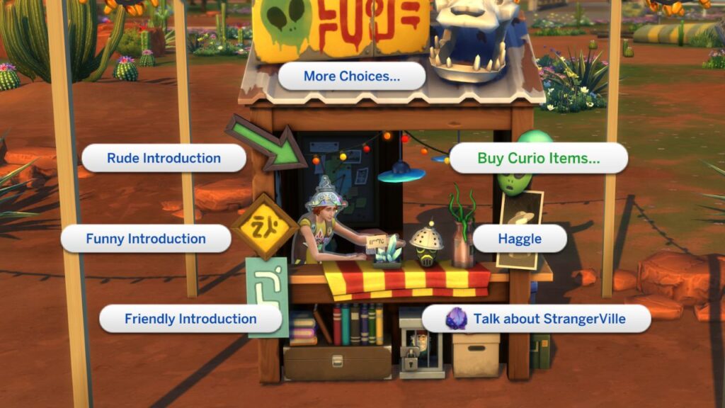 A screenshot from The Sims 4 showing the option to buy curio items at the curio shop
