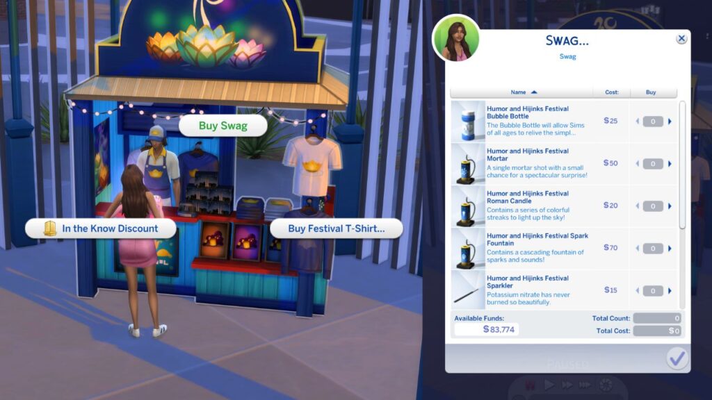 A screenshot from The Sims 4 showing how to buy fireworks at the humor and hijinks festival