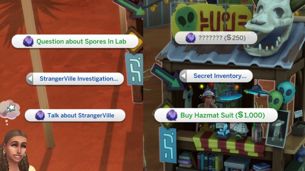 A screenshot from The Sims 4 showing the curio shop owner and how to buy a hazmat suit 