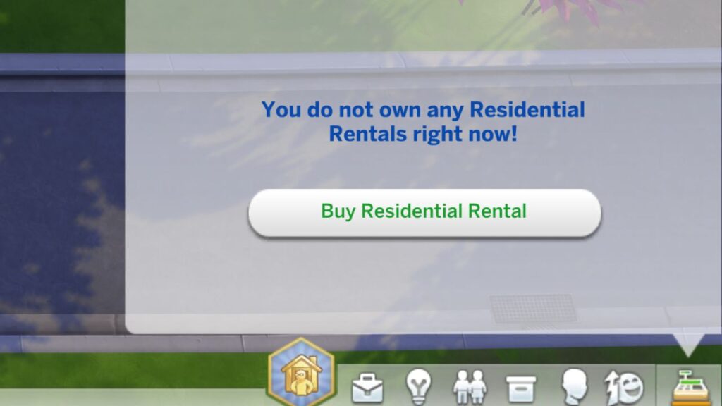 A screenshot from The Sims 4 showing how to buy a residential rental