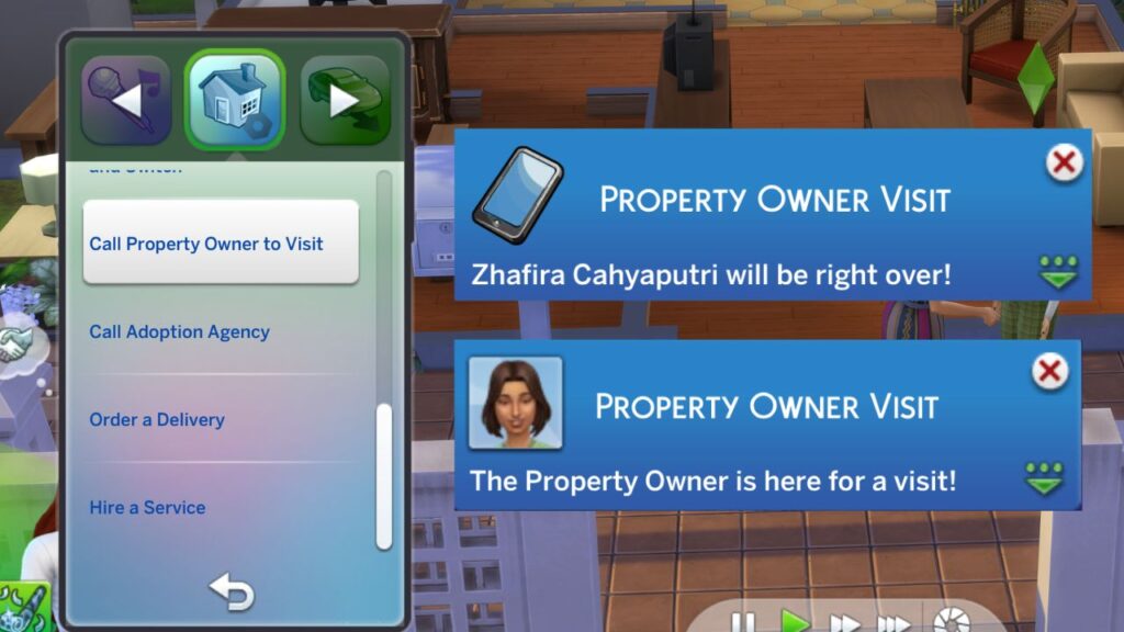 A screenshot from The Sims 4 showing how to call property owner to visit