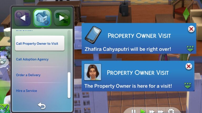 A screenshot from The Sims 4 showing how to call property owner to visit your lot