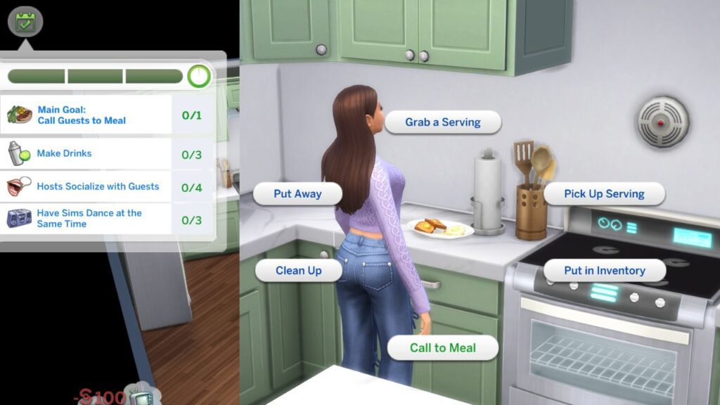 A screenshot from The Sims 4 showing the dinner party tasks and a call to meal highlighted