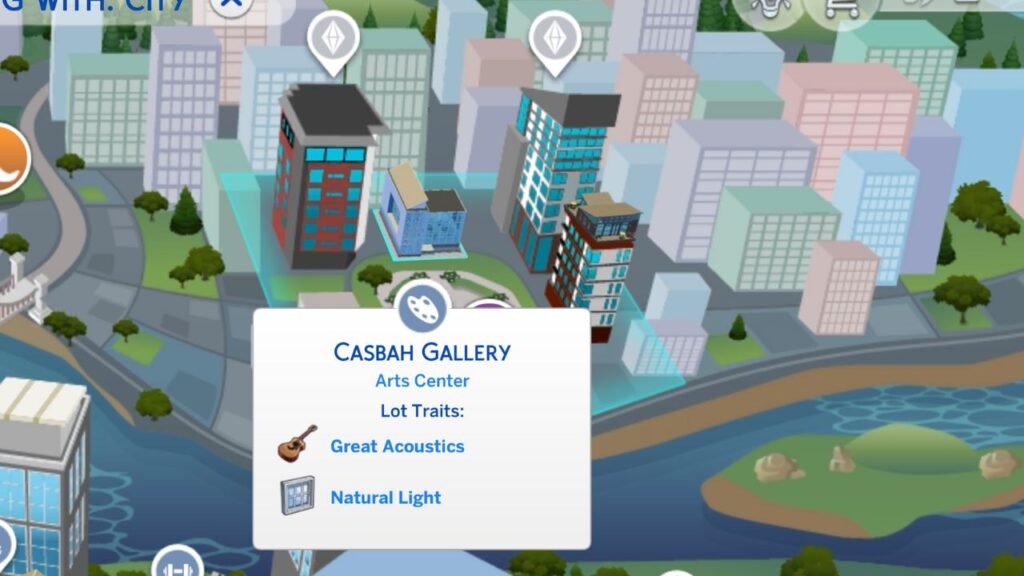 A screenshot from The Sims 4 showing the location of the arts centre in San Myshuno