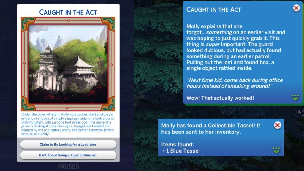 A screenshot from The Sims 4 showing the action cards for the tiger sanctuary and notifications from being caught in the act