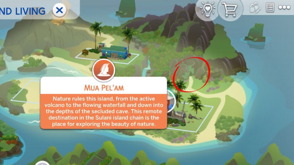 A screenshot from The Sims 4 showing the location of the beach cave in Sulani
