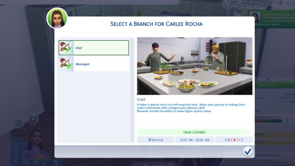 A screenshot from The Sims 4 showing the branch decision for the culinary career between chef and mixologist