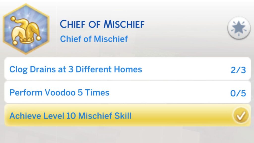 A screenshot from The Sims 4 showing the fourth stage of the chief of mischief aspiration