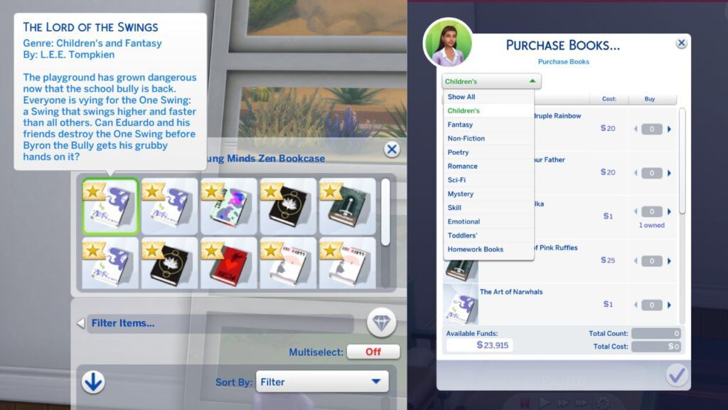 A screenshot from The Sims 4 showing how to get children's books