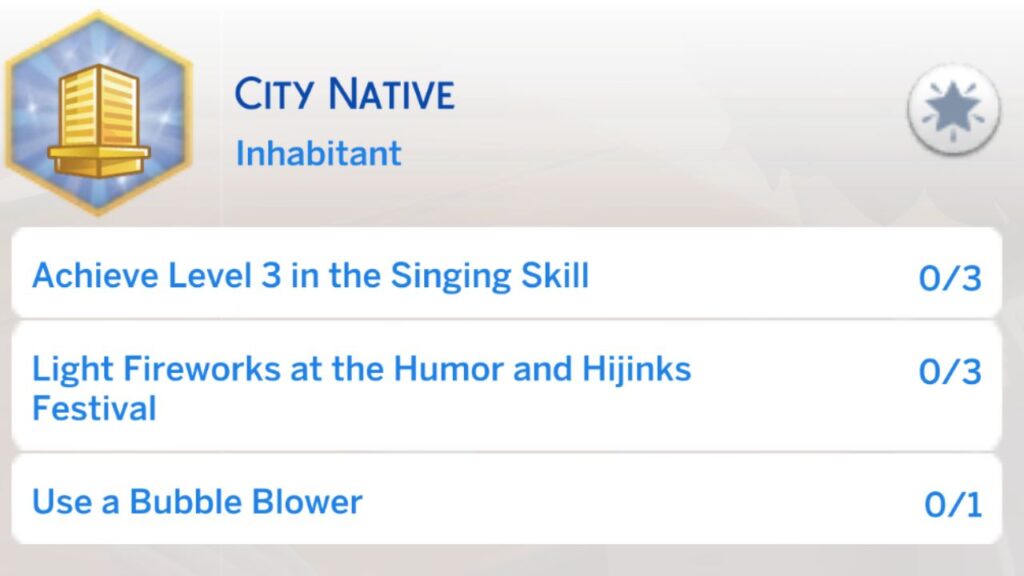 A screenshot from The Sims 4 showing the second level of the city native aspiration