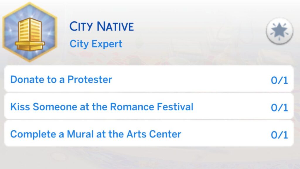 A screenshot from The Sims 4 showing the third stage of the city native aspiration