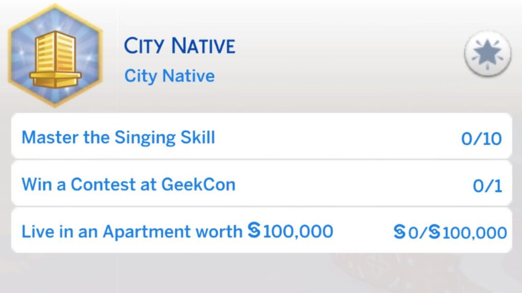 A screenshot from The Sims 4 showing stage four of the city native aspiration