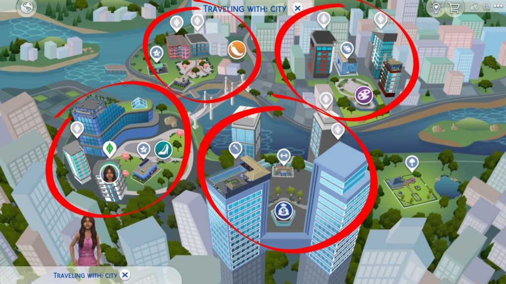 A screenshot from The Sims 4 showing the different neighbourhoods in San Myshuno