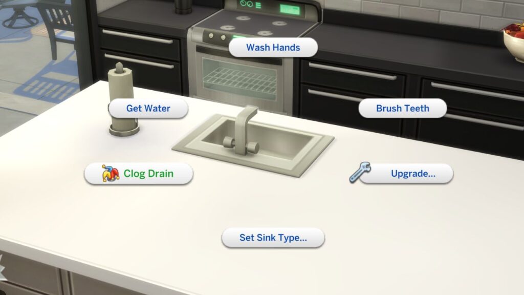 A screenshot from The Sims 4 showing the clog drain option on a sink