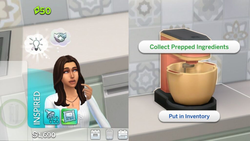 A screenshot from The Sims 4 showing how to collect prepped ingredients while inspired