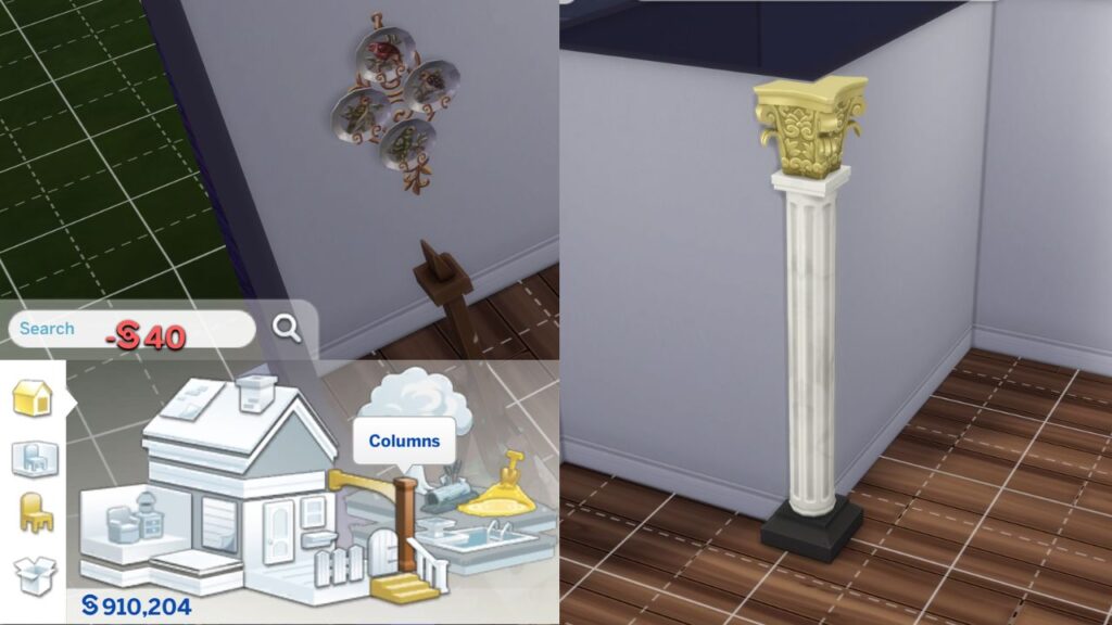 A screenshot from The Sims 4 showing where to find columns in build mode and a column on a corner.