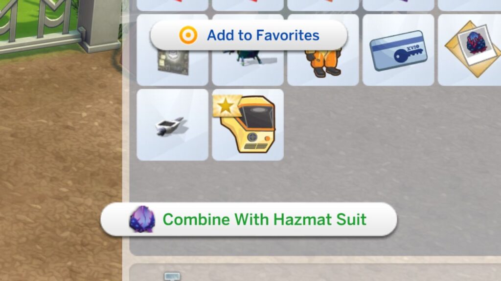 A screenshot from The Sims 4 showing the option to combine a spore filter to make a hazmat suit 