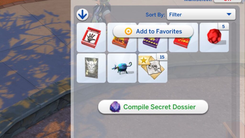 A screenshot from The Sims 4 showing the option to Compile Secret Dossier from evidence 