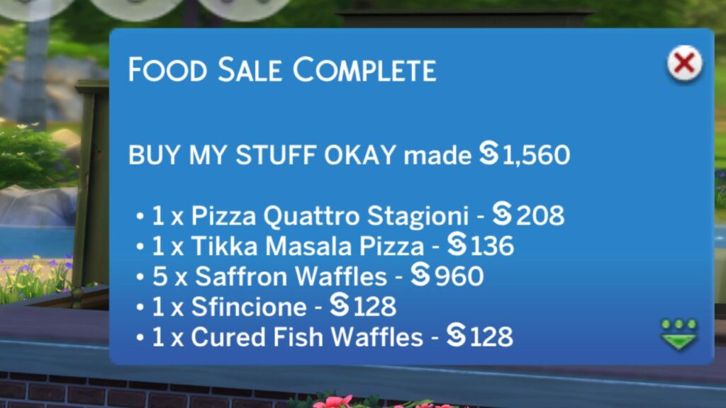 A screenshot from The Sims 4 showing the notification you get when a sim has a food market