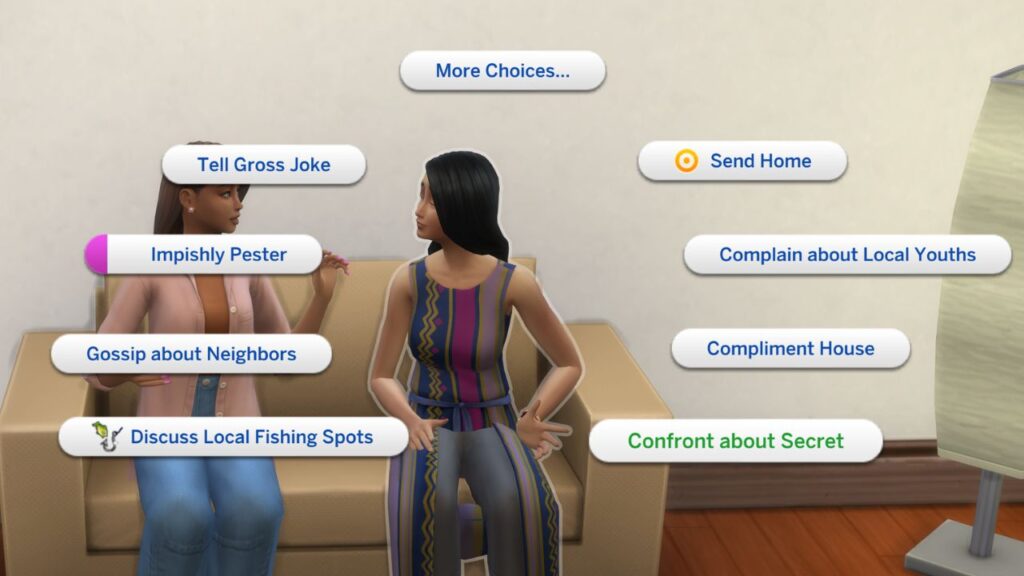 A screenshot from the sims 4 showing two sims sitting on a couch with the social menu open and confront about secret highlighted 