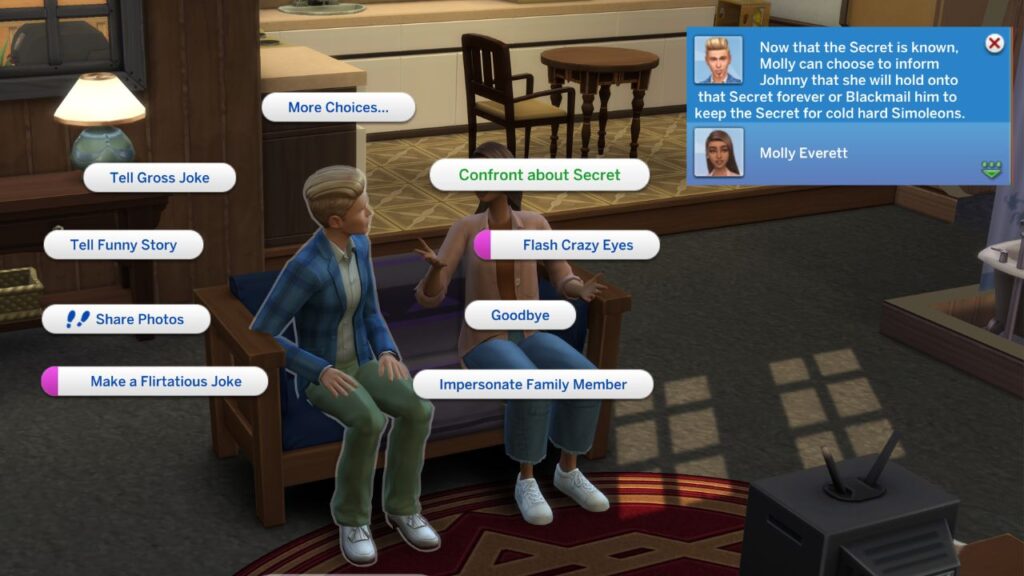 A screenshot from The Sims 4 showing how to confront a sim about secrets