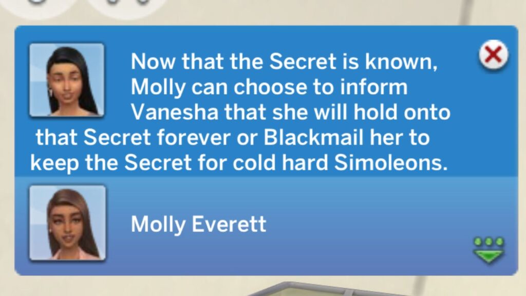 A screenshot from The Sims 4 of the notification you get after confronting a sim 