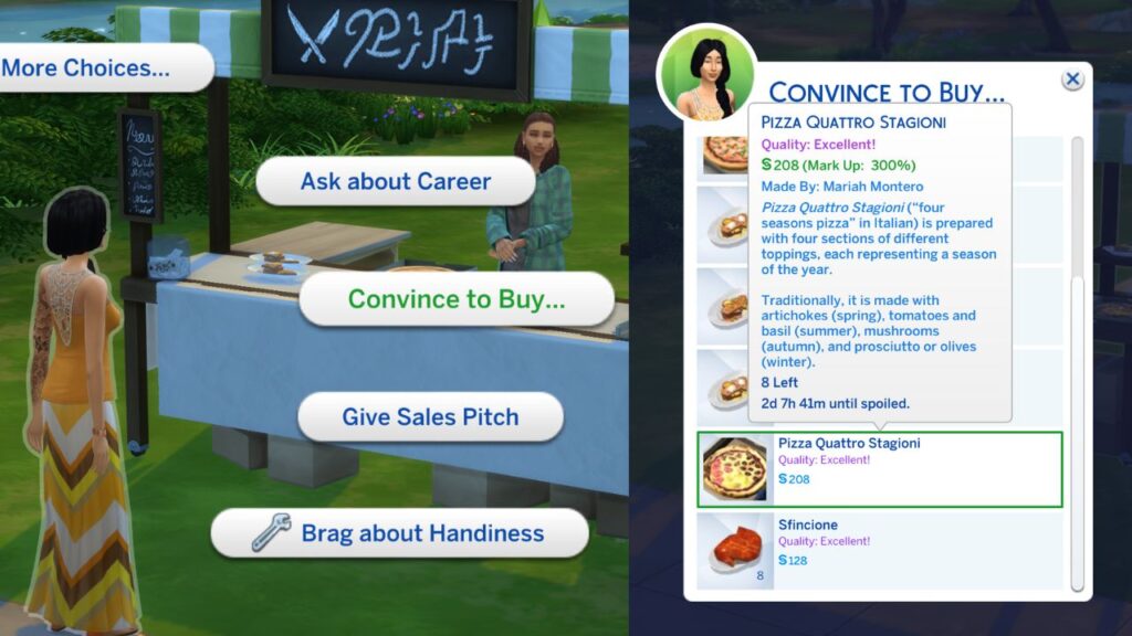 A screenshot from The Sims 4 showing the option to convince sims to buy food at a food market