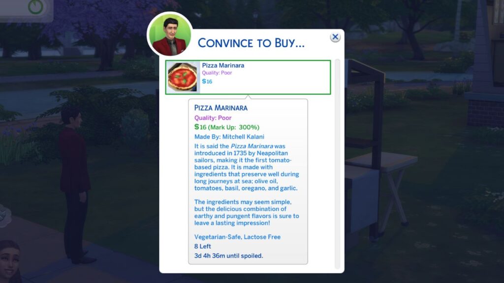 A screenshot from The Sims 4 showing the option to convince a sim to buy a poor quality pizza