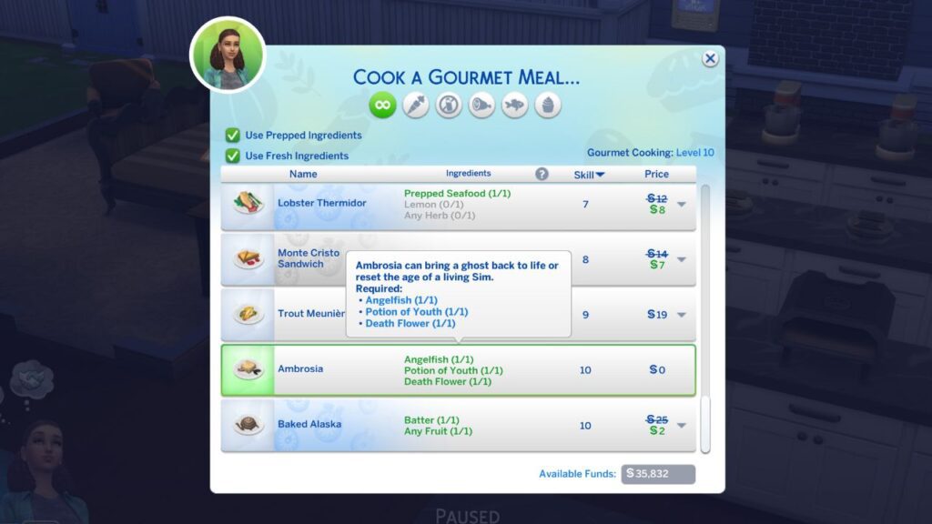 A screenshot from The Sims 4 showing the option to cook ambrosia