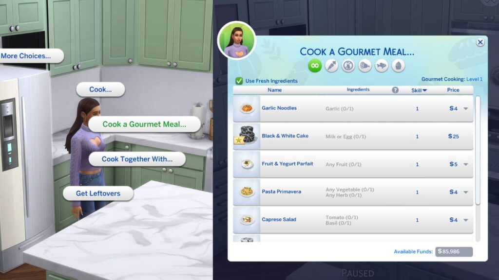A screenshot from The Sims 4 showing how to cook a gourmet meal