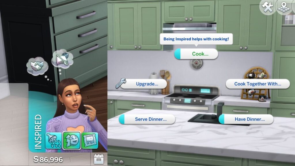 A screenshot from The Sims 4 showing a sim who is inspired and the menu options to start cooking.