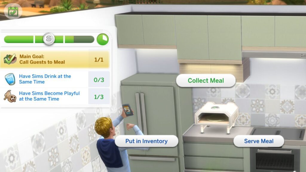 A screenshot from The Sims 4 showing a silver level social event with a pizza oven making pizza