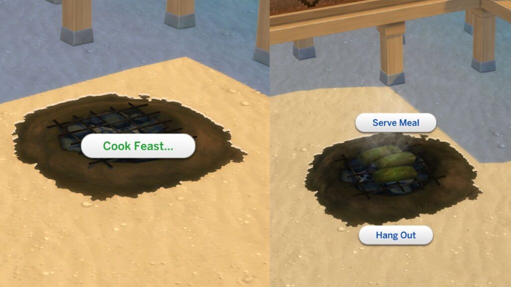A screenshot from The Sims 4 showing how to cook a feast on a bbq searer