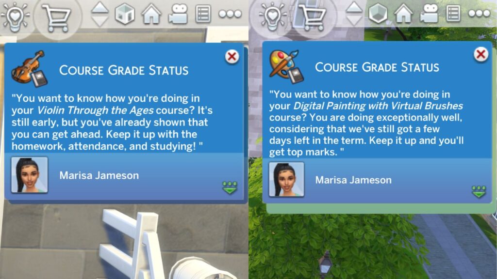 A screenshot from The Sims 4 of a sim's course grade status for two different classes
