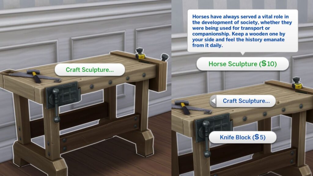 A screenshot from The Sims 4 showing how to craft a sculpture on a woodworking table