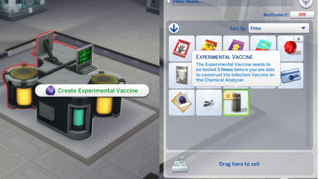 A screenshot from The Sims 4 showing how to create an experimental vaccine and the vaccine in a sim's inventory 
